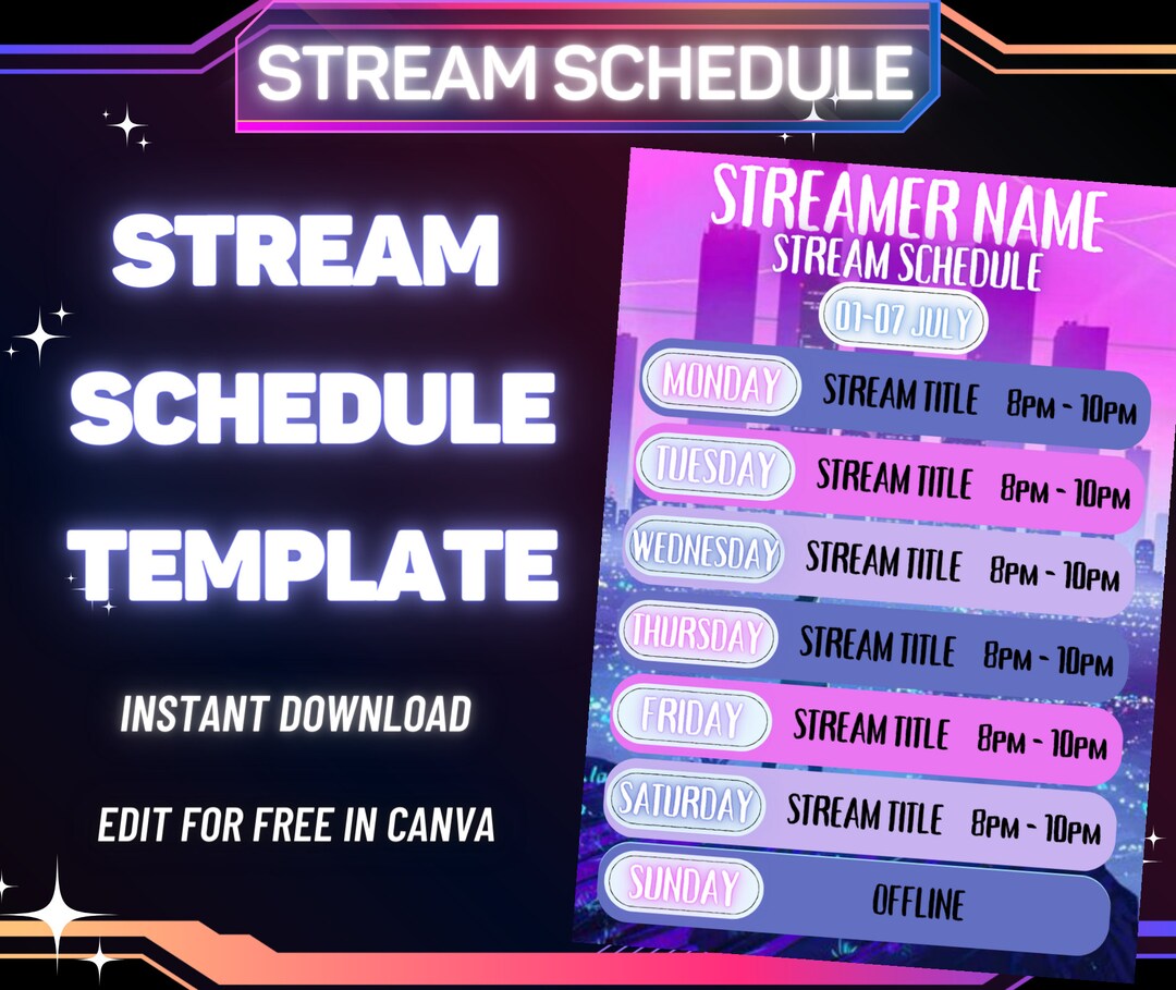 STREAM SCHEDULE Template, Pink Neon City Stream Schedule, Social Media