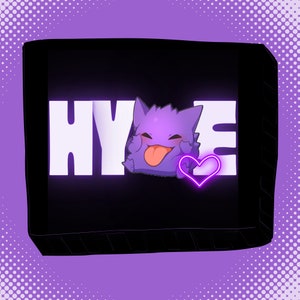 May include: A black square with white text overlay that says "HYPE" and a purple cartoon character with a pink heart in the centre.