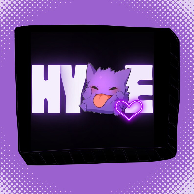 May include: A black square with white text overlay that says "HYPE" and a purple cartoon character with a pink heart in the centre.