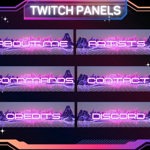 Könnte beinhalten: Sechs Twitch-Panels im Retro-Futurismus-Design. Jedes Panel zeigt eine andere Textbezeichnung: Über mich, Künstler, Befehle, Kontakt, Credits und Discord. Die Panels sind vor einem dunklen Hintergrund mit einem Rastermuster und neonrosa und violetten Akzenten platziert.