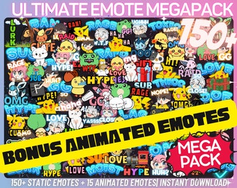 Puede incluir: Una descarga digital de más de 150 emotes Twitch estáticos y 15 animados. Los emotes presentan una variedad de personajes de dibujos animados coloridos y texto, incluyendo "Hype", "Love", "GG", "Rage" y "Sub".