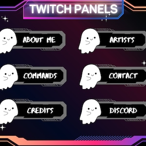 Könnte beinhalten: Sechs Twitch-Panels mit einer Geistergrafik und Text. Die Panels sind schwarz mit einem grauen Rand und weißem Text. Der Text auf den Panels lautet: Über mich, Künstler, Befehle, Kontakt, Credits und Discord.