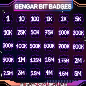 30 x Niedliche Gengar Twitch Bit Abzeichen | Poke Twitch Badges | Gengar Twitch Badges | Niedliche Twitch Bit Buttons | Lila Neon Bit Badges