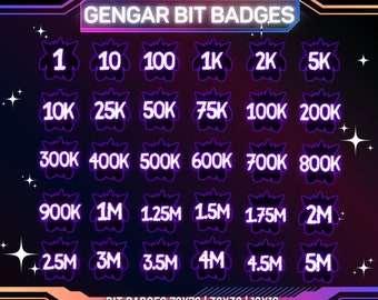 May include: A set of 20 purple and black Gengar Bit Badges with different bit amounts, ranging from 1 to 5 million. The badges are designed with a Gengar character and the bit amount in white text. The text "GENGAR BIT BADGES" is at the top of the image. The text "BIT BADGES 72X72 | 36X36 | 18X18" is at the bottom of the image.