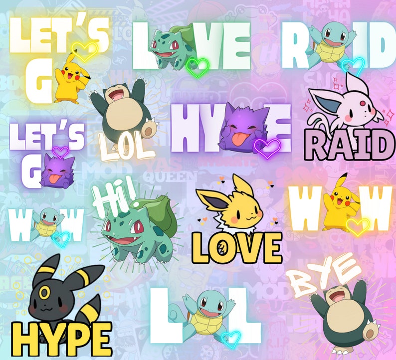 May include: A colorful digital illustration featuring various Pokemon characters and text phrases like "Let's Go", "Love", "Raid", "Hype", "Wow", "Lol", and "Bye".