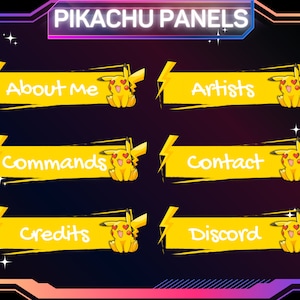 Könnte beinhalten: Sechs gelbe Twitch-Panels mit einem Pikachu-Charakter auf jedem Panel. Die Panels sind mit "Über mich", "Künstler", "Befehle", "Kontakt", "Credits" und "Discord" beschriftet.