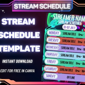 STREAM SCHEDULE Template, Neon Gamer Stream Schedule, Social Media Stream Schedule, Streaming Schedule, Twitch, Youtube, Kick, Facebook