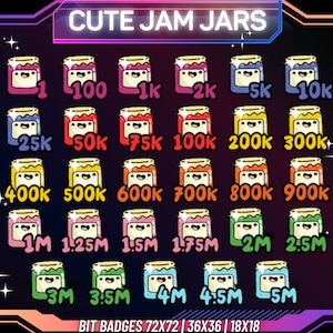 May include: A set of 20 colorful cartoon jam jar bit badges with different numbers on them, ranging from 1 to 5 million. The text "CUTE JAM JARS" is at the top of the image. The text "BIT BADGES 72X72 | 36X36 | 18X18" is at the bottom of the image.
