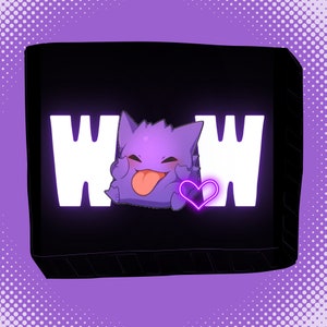 May include: A black square with a white "WOW" on either side of a purple cartoon character with a pink heart. The background is a purple and white polka dot pattern.