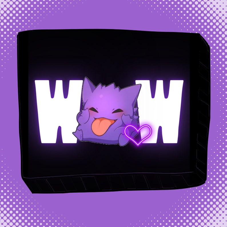 May include: A black square with a white "WOW" on either side of a purple cartoon character with a pink heart. The background is a purple and white polka dot pattern.