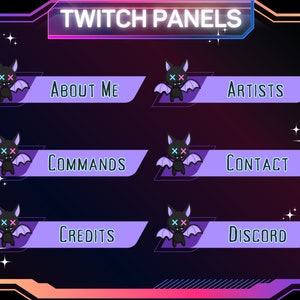 Könnte beinhalten: Lila Twitch-Panels mit einer Cartoon-Fledermausfigur und Text, der "Twitch Panels", "About Me", "Commands", "Credits", "Artists", "Contact", "Discord" lautet.