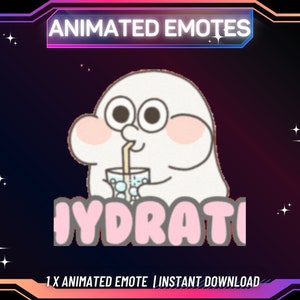 May include: Animated emote featuring a cartoon cloud character with rosy cheeks, drinking from a glass. The word "HYDRATI" is displayed in pink letters. The background is a gradient of purple, blue, and black with white star accents.