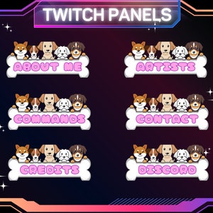 Könnte beinhalten: Sechs Twitch-Panel-Designs mit Cartoon-Hunden, die einen Knochen mit Text darauf halten. Die Panels sind mit "Über mich", "Künstler", "Befehle", "Kontakt", "Credits" und "Discord" beschriftet.