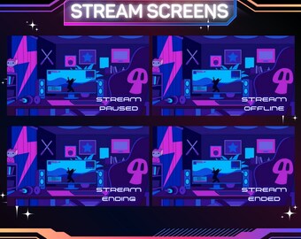 Peut inclure: Quatre écrans de diffusion animés différents avec un schéma de couleurs violet et bleu. Les écrans montrent un personnage devant un écran d'ordinateur avec le texte "STREAM PAUSED", "STREAM OFFLINE", "STREAM ENDING", et "STREAM ENDED".