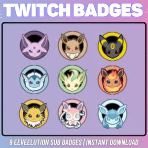 Könnte beinhalten: Neun bunte Twitch-Abonnenten-Badges mit verschiedenen Pokémon-Charakteren, darunter Eevee, Vaporeon, Jolteon, Flareon, Espeon, Umbreon, Leafeon, Glaceon und Sylveon. Die Badges sind in einem Raster auf einem violetten Hintergrund angeordnet. Der Text "9 EEVEEUTION SUB BADGES | INSTANT DOWNLOAD" befindet sich am unteren Rand des Bildes.
