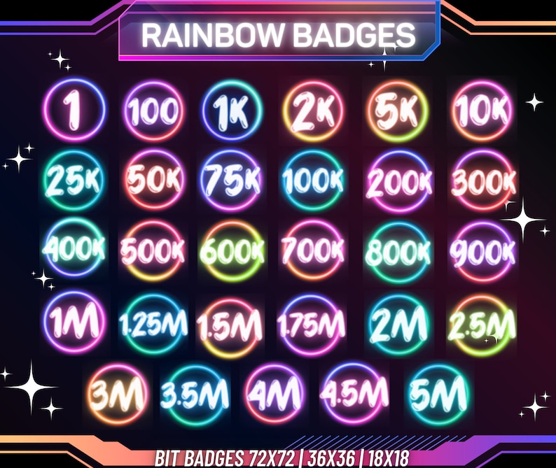 May include: A set of 20 rainbow colored badges with numbers from 1 to 5 million. The badges are in a grid pattern and have a neon glow effect. The text at the bottom reads "BIT BADGES 72X72 | 36X36 | 18X18".