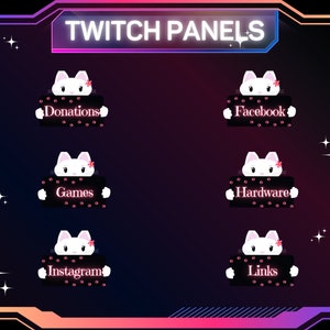Könnte beinhalten: Sechs Twitch-Panels mit einer Comic-Katze, die ein Schild mit unterschiedlichem Text hält. Die Schilder sagen "Spenden", "Facebook", "Spiele", "Hardware", "Instagram" und "Links".