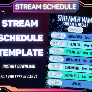 STREAM SCHEDULE Template, Neon Blue Green Stream Schedule, Social Media Stream Schedule, Streaming Schedule, Twitch, Youtube, Kick, Facebook