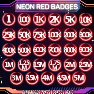 29 x Neon Red Twitch Bit Tier Badges | Twitch Bit Badges | Twitch Badges | Bit Badges | Neon Red | Twitch Emotes | Retro Twitch Badges