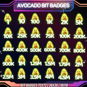 30 x Cute Avocado Bit Badges | Complete Twitch Bit Badges Set | Twitch Tier Badges | Avocado Bit Badges | Neon Bit Badges | Twitch Badges