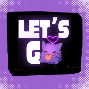 May include: A black and white graphic with the text "Let's Go" in white letters. A purple cartoon character with a heart above its head is in the bottom right corner.