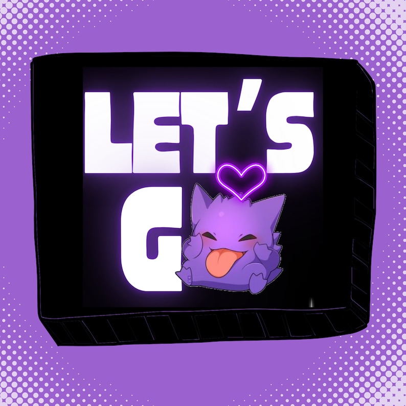 May include: A black and white graphic with the text "Let's Go" in white letters. A purple cartoon character with a heart above its head is in the bottom right corner.