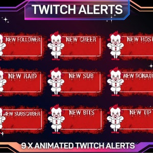 May include: Nine animated Twitch alerts featuring a red and white clown character with a red background. The alerts include: New Follower, New Cheer, New Host, New Raid, New Sub, New Donation, New Subscriber, New Bits, and New Tip.