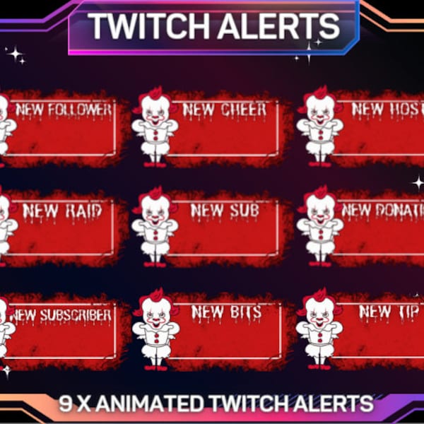 9 x Animated Twitch Alerts, Creepy Clown Alerts | Twitch Alerts Pack | Twitch Alerts | Instant Download | Animated | Scary Alerts, IT Clown