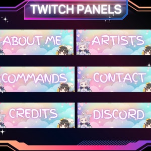 Könnte beinhalten: Sechs pastellfarbene Twitch-Panels mit einem niedlichen Anime-Charakter auf jedem Panel. Die Panels sind mit "Über mich", "Künstler", "Befehle", "Kontakt", "Credits" und "Discord" beschriftet.