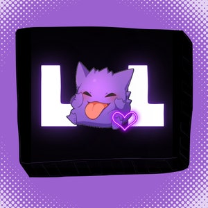 May include: A purple cartoon character with a big tongue sticking out is in front of a black box with white letters that spell "LL". The character has a pink heart above it.