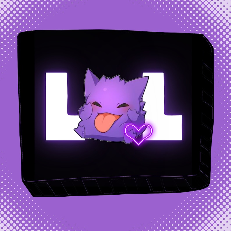 May include: A purple cartoon character with a big tongue sticking out is in front of a black box with white letters that spell "LL". The character has a pink heart above it.