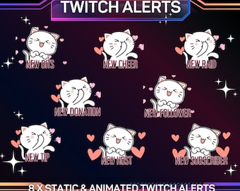 Puede incluir: Ocho alertas de Twitch animadas con un gato blanco con corazones rosas y el texto "NEW BITS", "NEW CHEER", "NEW RAID", "NEW DONATION", "NEW FOLLOWER", "NEW TIP", "NEW HOST" y "NEW SUBSCRIBER".
