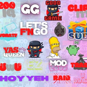 May include: A collage of colorful digital illustrations with text, including "200 IQ", "GG", "Good Game", "Let's F'n Go", "Hydrate", "Yas Queen", "Clip It", "Sub", "Mod Love", "Trash", "Hoy Yeh", "Raid", "U Mad?", "EZ", "UwU", and "Mod Love".