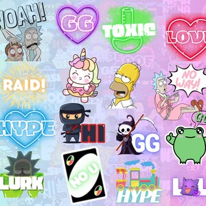 May include: A collection of colorful digital stickers featuring various characters and phrases, including "GG", "Toxic", "Love", "Raid", "Hype", "No Way", "Hi", "Lurk", "No U", and "LOL".