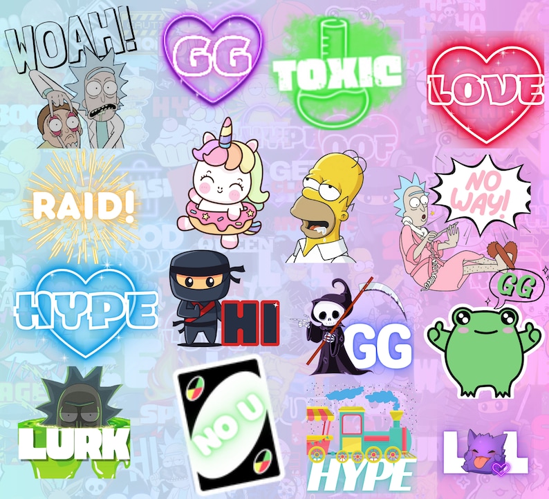 May include: A collection of colorful digital stickers featuring various characters and phrases, including "GG", "Toxic", "Love", "Raid", "Hype", "No Way", "Hi", "Lurk", "No U", and "LOL".