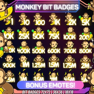 May include: A set of 18 animated monkey bit badges for Twitch streamers. The badges feature a cartoon monkey holding a banana and are available in various sizes, including 72x72, 36x36, and 18x18 pixels. The badges are designed to reward viewers for donating bits to the streamer.