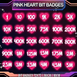 30 x Pink Neon Bit Badges | Complete Twitch Bit Badges Set | Twitch Tier Badges | Retro Bit Badges | Neon Bit Badges | Twitch Badges