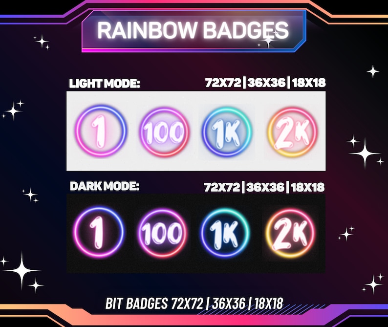 May include: A graphic showing four different rainbow colored neon badges with the numbers 1, 100, 1K, and 2K. The badges are shown in both light and dark mode with the text "RAINBOW BADGES", "LIGHT MODE", "DARK MODE", and "BIT BADGES 72X72|36X36|18X18".