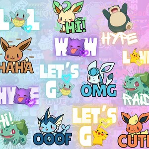 May include: A colorful digital illustration featuring various Pokemon characters and text phrases like "Let's Go", "OMG", "Raid", "Cute", "Hi!" and "Haha".
