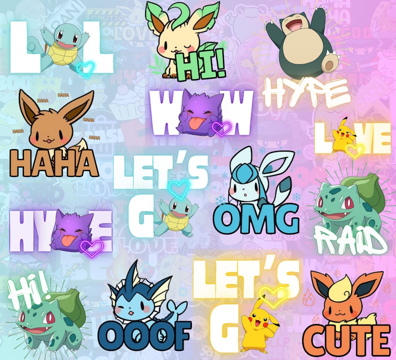 May include: A colorful digital illustration featuring various Pokemon characters and text phrases like "Let's Go", "OMG", "Raid", "Cute", "Hi!" and "Haha".