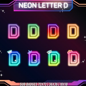 Neon Letter D Sub Badges / Twitch Sub Badges / Rainbow Sub Badges / Twitch Tier Badges / Twitch Badges / Kick Badges / Youtube / Transparente