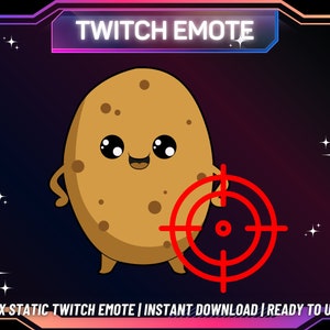 Könnte beinhalten: Eine Cartoon-Kartoffel mit einem fröhlichen Gesicht hält ein rotes Ziel in ihrer rechten Hand. Der Hintergrund ist dunkelblau mit weißen Sternen. Der Text "TWITCH EMOTE" befindet sich oben im Bild in einem neonrosa und blauen Kasten. Der Text "1 X STATIC TWITCH EMOTE | INSTANT DOWNLOAD | READY TO USE" befindet sich unten im Bild in einem schwarzen Kasten mit einem rosa und blauen Rand.