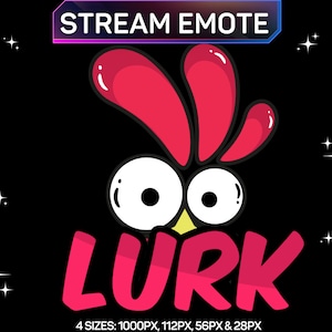 May include: A red and white cartoon rooster with the word "LURK" in pink letters. The rooster has large white eyes and a yellow beak. The text "STREAM EMOTE" appears in a blue and purple banner above the rooster.