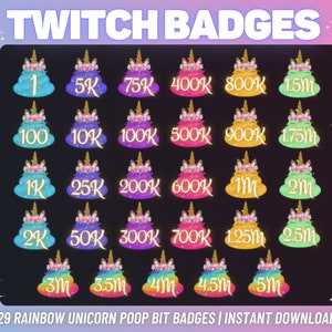 29 x Rainbow Unicorn Poop Twitch Bit Badges | Complete Twitch Bit Badges Set | Twitch Tier Badges | Twitch Badges | Kick Badges |Unicorn