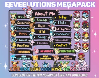 MEGAPACK Cute Eeveelutions Twitch | Kick | Youtube | Streaming Megapack | Badges | Emotes | Panels | Alerts | Eevee Pack