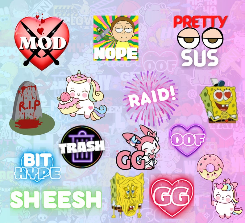 May include: A collection of colorful digital stickers featuring popular internet slang and memes. The stickers include phrases like "Mod", "RIP", "Bit Hype", "Sheesh", "Trash", "GG", "Oof", "Raid", "Pretty Sus", "Hope", and "Nope". There are also cartoon characters like Spongebob Squarepants, a unicorn, and a pink bunny.