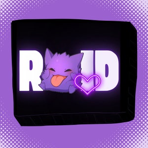 May include: A black and white graphic with the word "RAID" in white letters. A purple cartoon character with a tongue sticking out is in front of the word "RAID". A purple heart with a neon pink outline is next to the word "RAID".