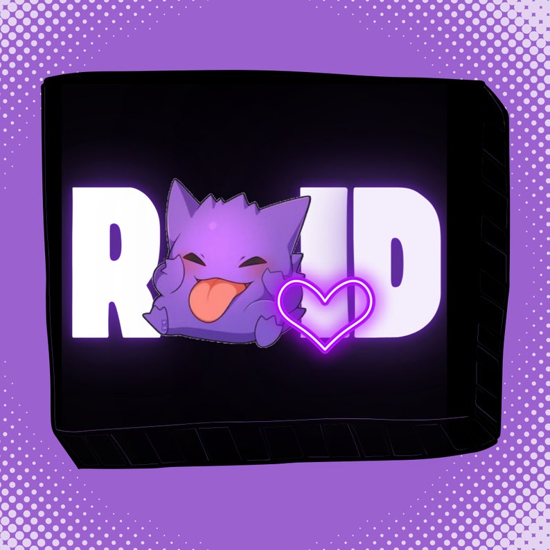 May include: A black and white graphic with the word "RAID" in white letters. A purple cartoon character with a tongue sticking out is in front of the word "RAID". A purple heart with a neon pink outline is next to the word "RAID".