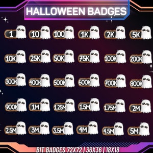 Könnte beinhalten: Ein Satz von 20 Twitch-Chat-Abzeichen zum Thema Halloween mit einem Geist mit einem Pandagesicht. Die Abzeichen sind in einem Rasterformat angeordnet und zeigen verschiedene Bit-Beträge von 1 bis 5 Millionen.