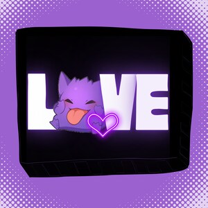 May include: A black and white graphic with the word "LOVE" in large white letters. A purple cartoon character with a pink heart is in the middle of the word.